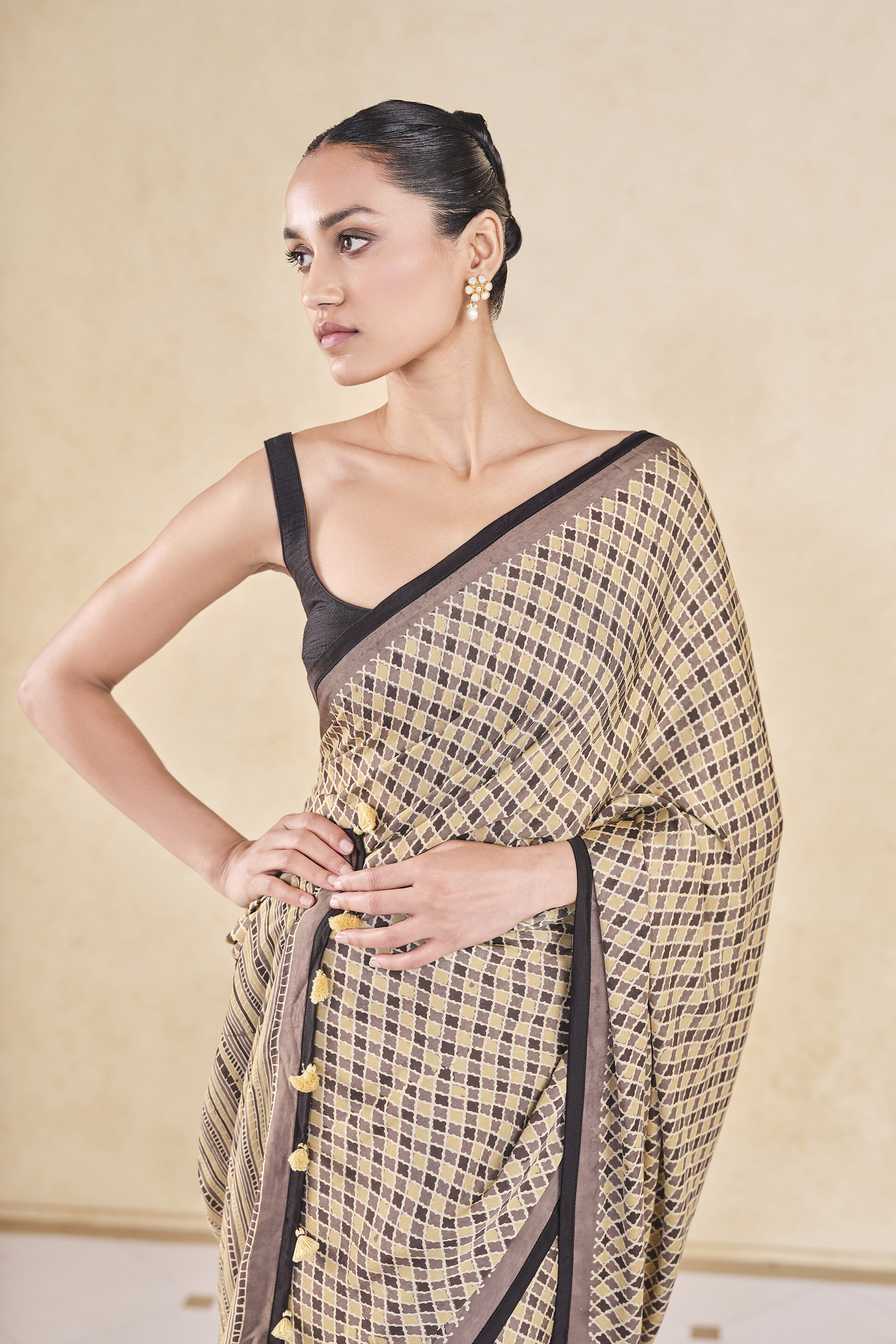 Briscoe Handcrafted Ajrakh Saree, Mustard, image 4